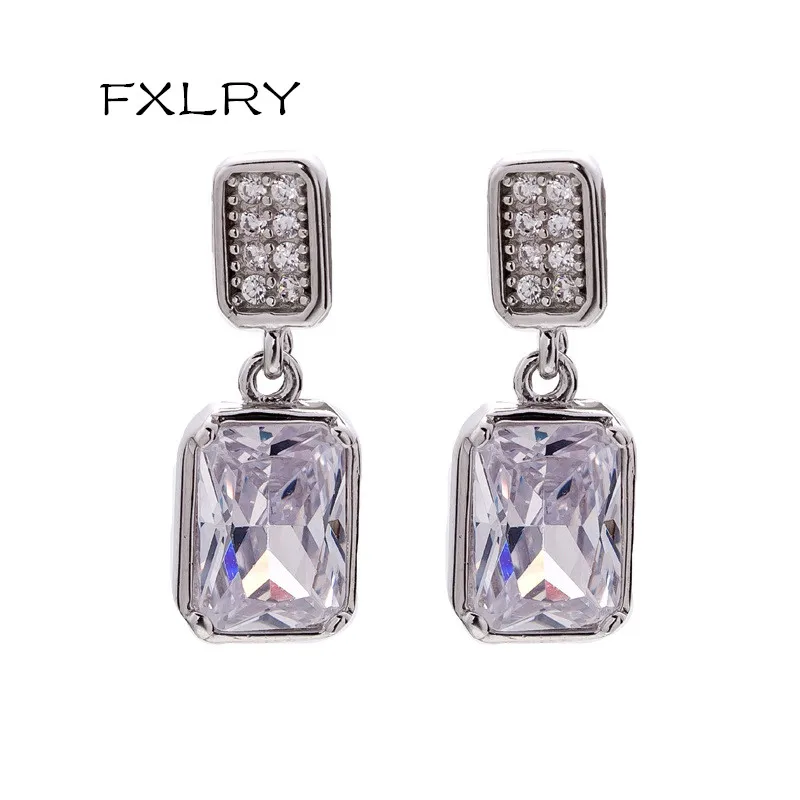 

FXLRY Hot Selling S925 Sterling Silver Zircon Square Zircon Long Silver/Gold Stud Earrings For Women Jewelry