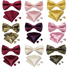 Nova chegada pré amarrado laço laços de seda vermelho floral casamento bowtie para homens borboleta nó abotoaduras hanky conjunto masculino terno acessórios