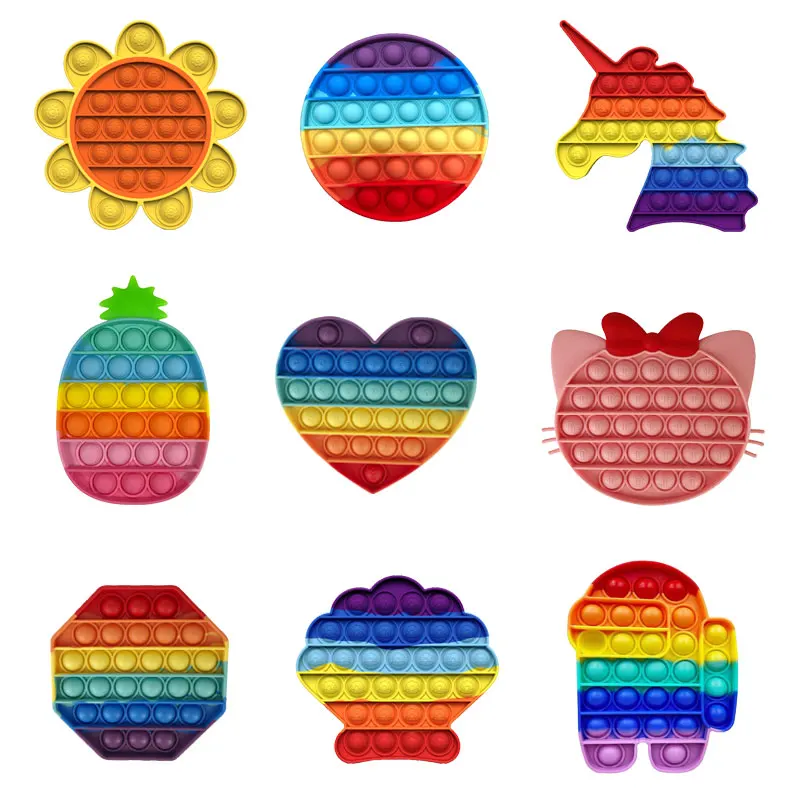 Juguetes sensoriales de burbuja de empuje, unicornio arcoíris, girasol, sonido Pop, Simple, hoyuelos, estrés, guerra, juegos de mesa
