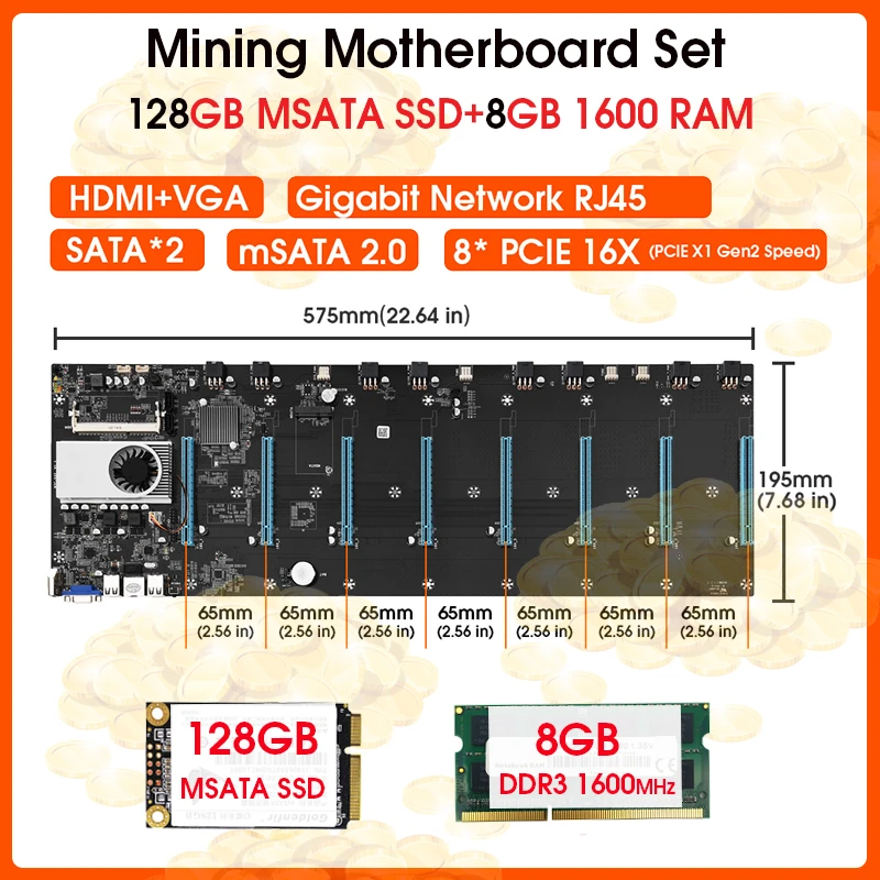BTC-S37 8 GPU Bitcoin Cryptography Ethereum Mining Motherboard with  128GB MSATA SSD and 8GB DDR3 1600MHz RAM latest computer motherboard