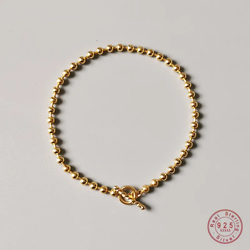 925SterlingSilverSimple18KGoldRoundBeadChainBraceletWomen