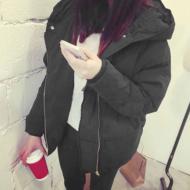 Tanie Kobiety jednolity, gruby ciepły płaszcz z kapturem moda koreański styl jesień kurtka zimowa słodkie ubrania wyściełane bawełną S 3XL dół kurtki