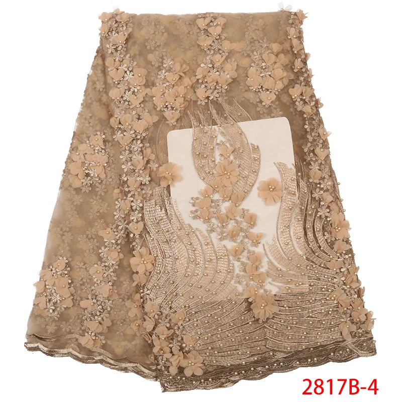 

African Tulle Lace Fabric High Quality,French Embroidery Laces with Beads,3D Tulle Lace Fabric 5Yards for Women KS2817B-2