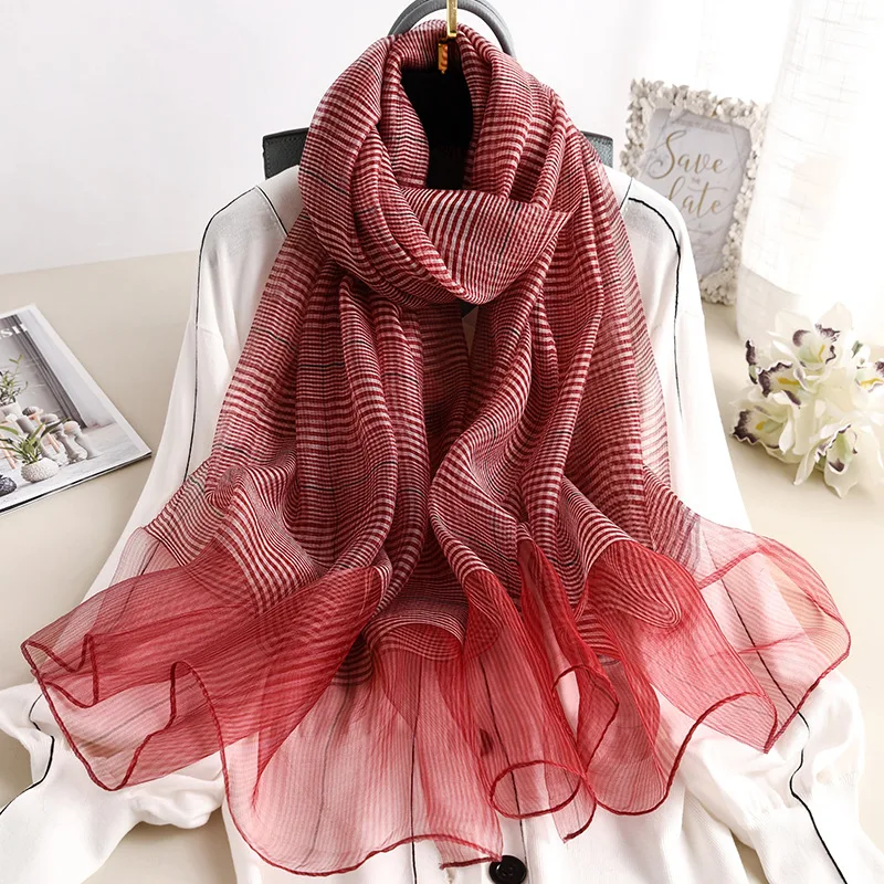 Шелковый шарф для женщин, мягкий длинный осенне-зимний шарф, мода, одноцветные клетчатые шали и палантины, высокое качество, платок из пашмины, хиджаб