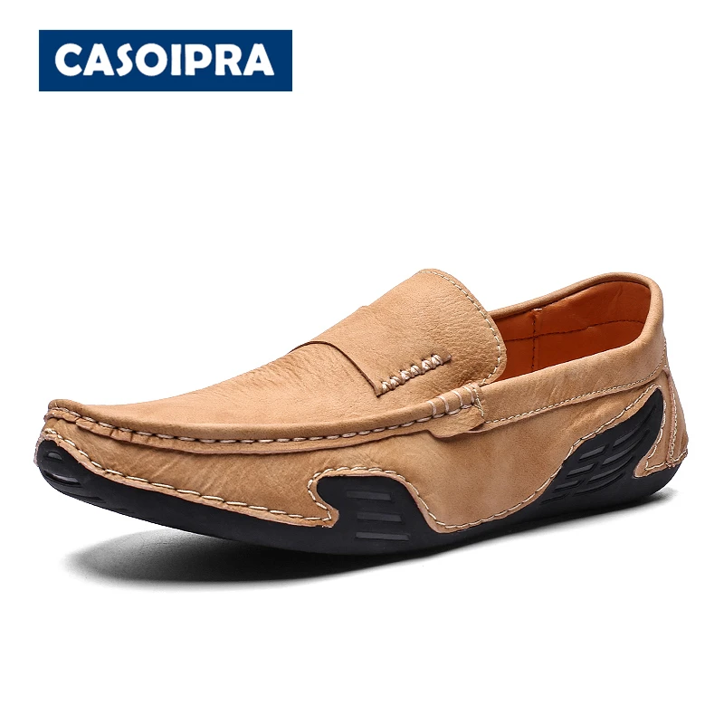 

CASOIPRA Men Loafers Shoes Genuine Leather Luxury Casual Shoes Moccasins Breathable Slip On Black Driving Shoes Plus Size 38-46