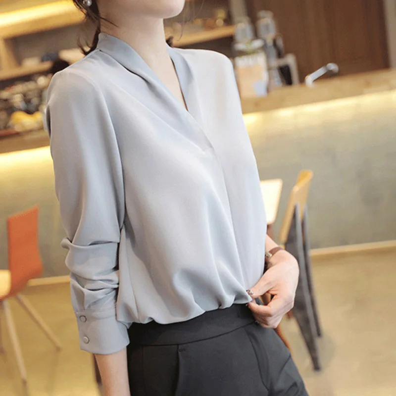 

EFINNY Female V-neck Blouse Long Sleeves Shirt Top Women Fashion Casual Chiffon Blouse