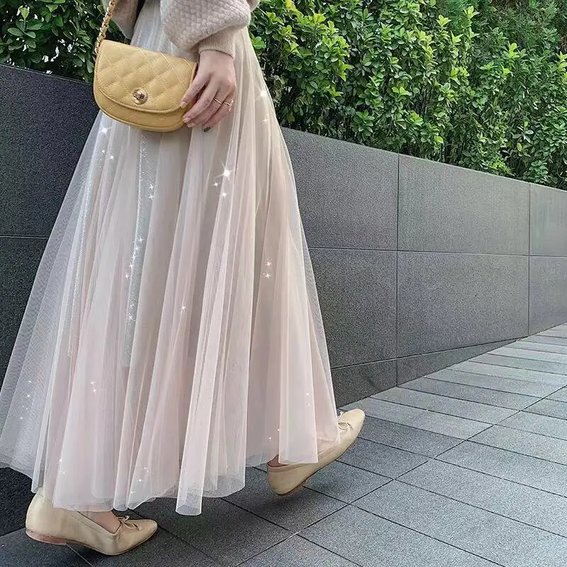 Осенне-зимние сетчатые бархатные юбки для женщин, Корейская длинная фатиновая юбка, блестящая плиссированная трапециевидная юбка средней