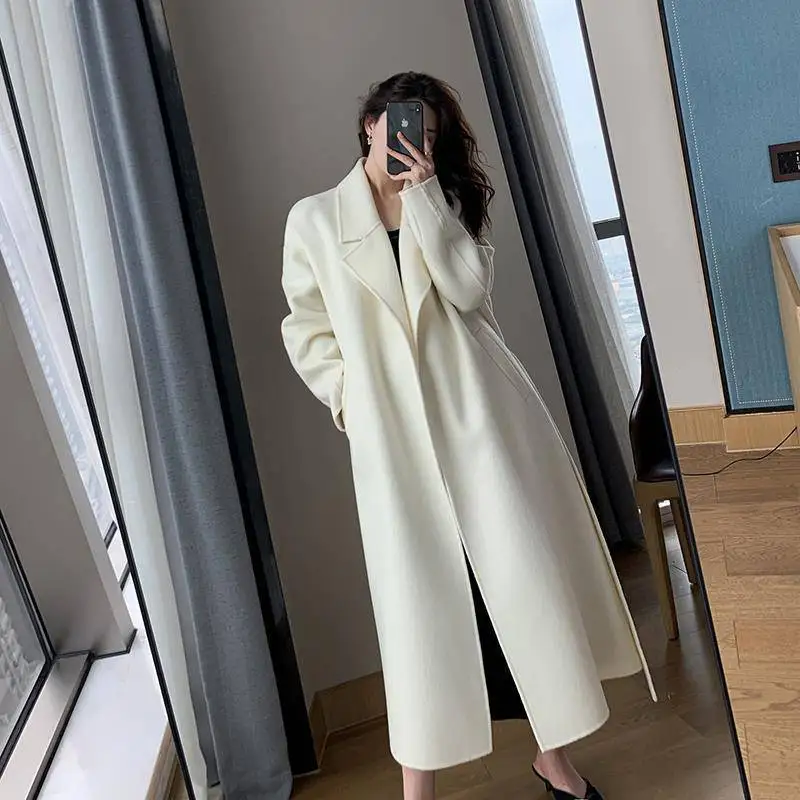 Elegant Long White Wool Coat Women 2022 Fall Winter Doublesided