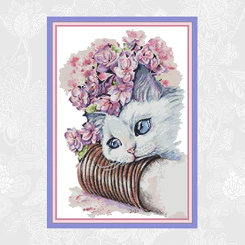 

Joy sunday Cat and flower Cross-stitch Counted Printed Fabric Cross Stitch kits Embroidery Crafts DIY Handmade Home Decoration