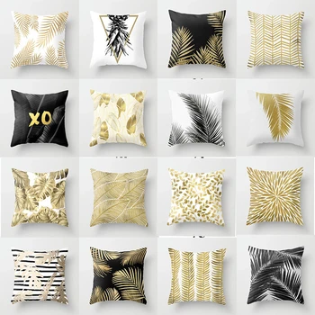 

Sofa Cushion Cover Gold Color Geometric Pillow Case Leaf Pattern Polyester Throw Pillowcase Living Room Cushion Cover Home Decor