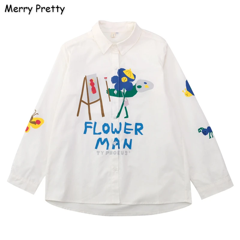 2021 Spring Women's Blouses Shirts Cartoon Print Funny Cotton Shirt Sweet Style Turn-down Collar Oversized White Top | Женская