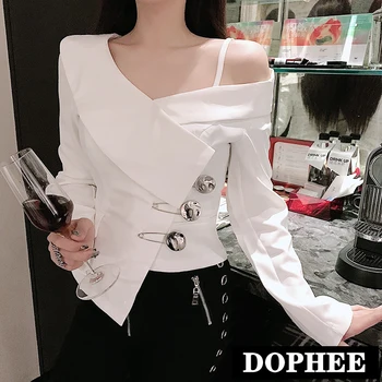 

Spring 2020 New Irregular Off Shoulder Sexy V-neck Shirt Solid Color Women Big Pin Button Short Blouse Lady Slim Blusas Tops