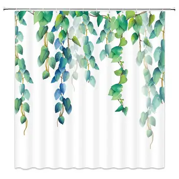 

Leaf Shower Curtain Watercolor Plants Green Blue Tree Leaves Vines Decor White Fabric Bathroom Curtains,Waterproof Polyester