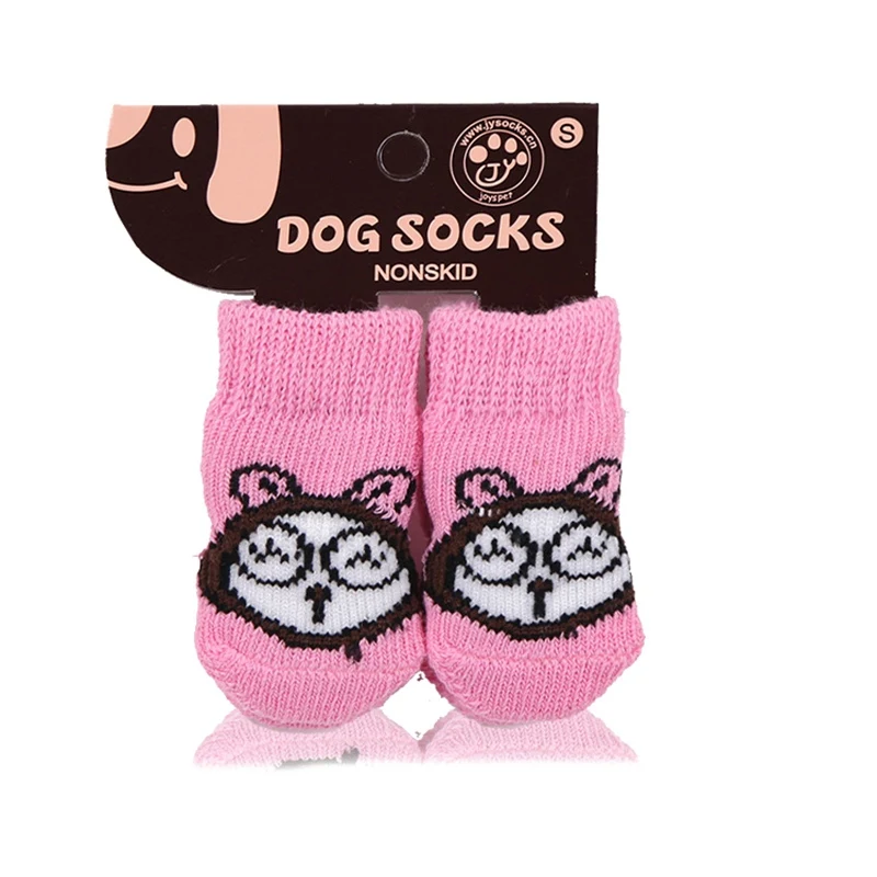 Зимние носки для собак с рисунками из мультфильмов; обувь для собак; нескользящие носки для домашних животных; Мягкие вязаные носки для щенков и кошек; обувь для домашних животных; теплые товары для собак; 4 шт - Цвет: Pink