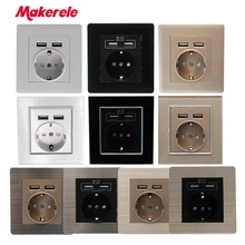 Makerele prise de courant murale 16A norme ue avec 5V 2.1A 2USB ports PC panneau en alliage de verre(China)