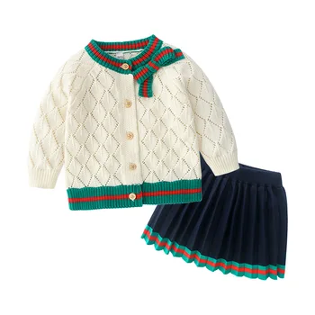 

new Autumn Fashion kids girl clothes Knitted cotton long sleeve cardigan Jackets and folded skirts toddler baby girl clothing