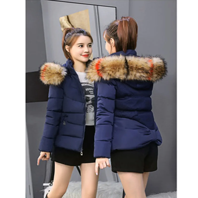 Blue with Color fur Зимняя женская куртка с меховым воротником, зимнее пальто для женщин, с капюшоном, элегантная, тонкая, с бантом, женские парки,, Женское пальто, женская верхняя одежда, куртка - Цвет: Blue with Color fur