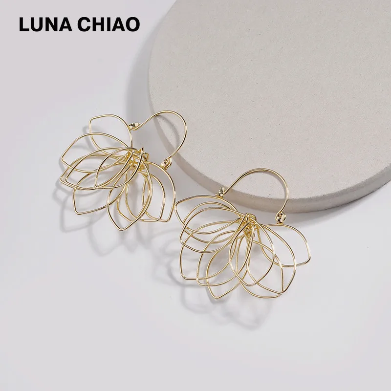 LUNA CHIAO, новинка, Brincos, бижутерия, серьги, модные, необычные, Купер, ручной работы, цветок лотоса, лепестки, висячие серьги для женщин - Окраска металла: A0210
