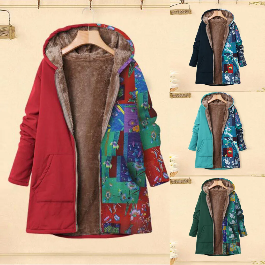 Female Jacket Plush Coat Womens Windbreaker Winter Warm Outwear Print Hooded Pockets Vintage Oversize Coats Plus Size L-5XL