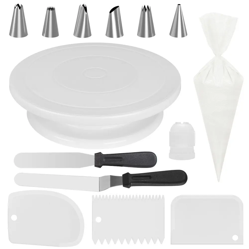

63 Pieces Turntable Suit 6 Small Decorating Nozzle 2 Cake Scraper 3 Scraper 50 Disposable Pastry Bag
