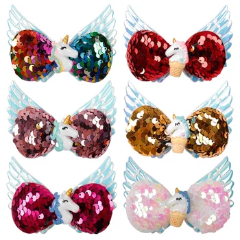 

Baby Girl Barrettes Cartoon Unicorn Angel Sequin Hairpins Kids Shiny Hair clips 6Colors
