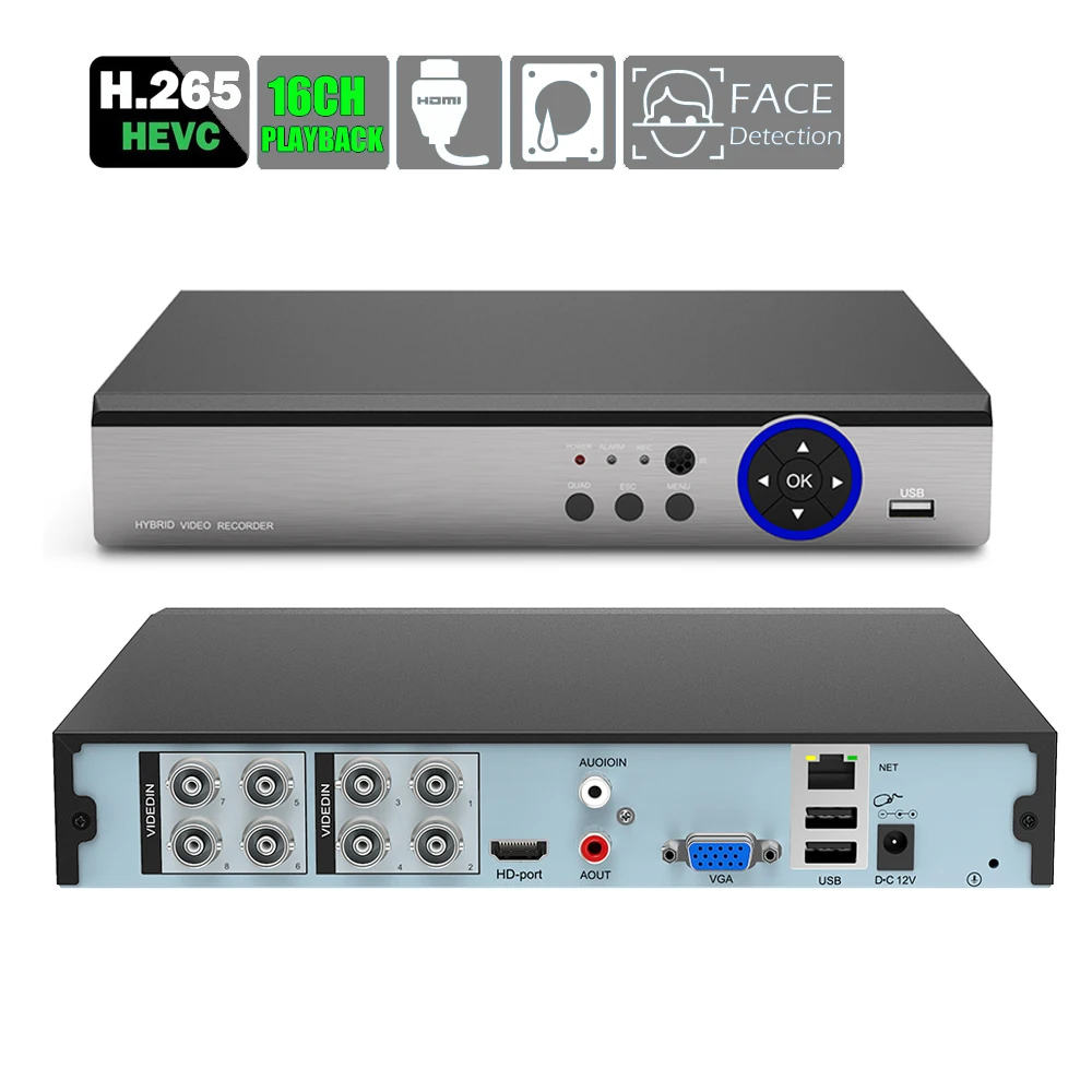 Видеорегистратор DVR NVRFace 4/8 каналов H.265 AHD Hybrid 6 в 1 для TVI CVI CVBS 5MP камеры и IP Cam |