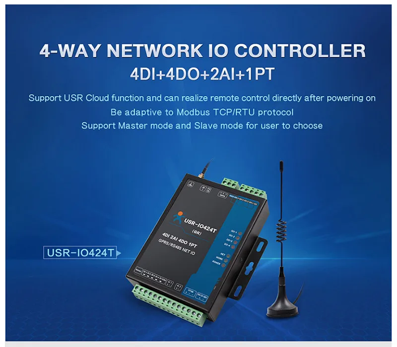 HonesThing USR-IO424T-GR GSMGPRS Support USR Cloud 4 Channel RTU Network IO Controller RS485 Modbus RTU of 4DI4DO2AI1PT 1
