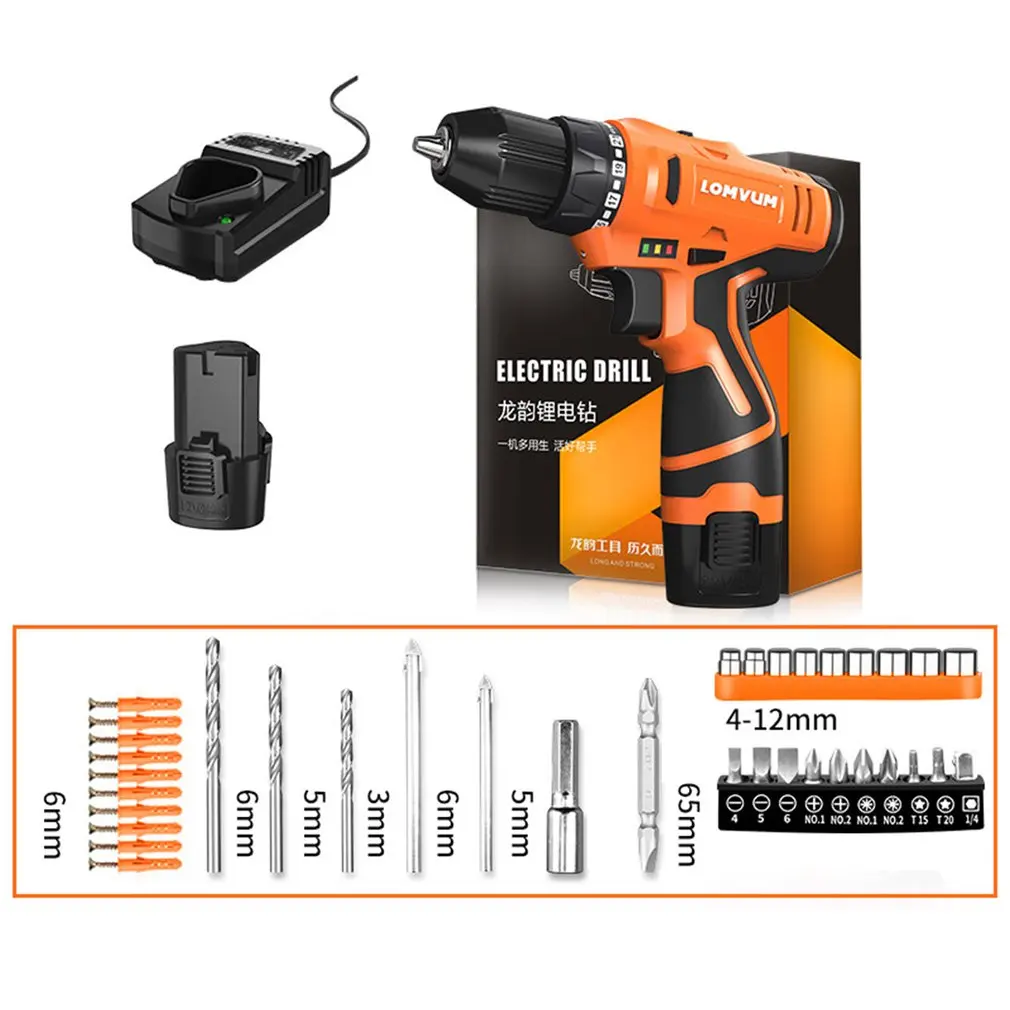 

LOMVUM 12V Double Speed Electric Drill Rechargeable Mini Cordless Handheld Screwdriver Drill