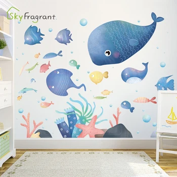 

Cartoon underwater world wall sticker ocean cute fish kids room decoration bedroom stickers bathroom self-adhesive home decor
