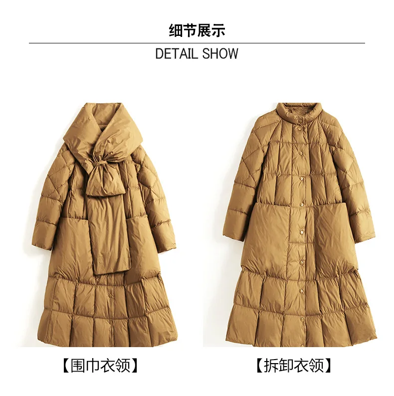 Tie Scarf Thick Down Jacket Women Warm European Plaid Fashion Solid Puffer Coat Winter White Duck Down Coat Female QQ12