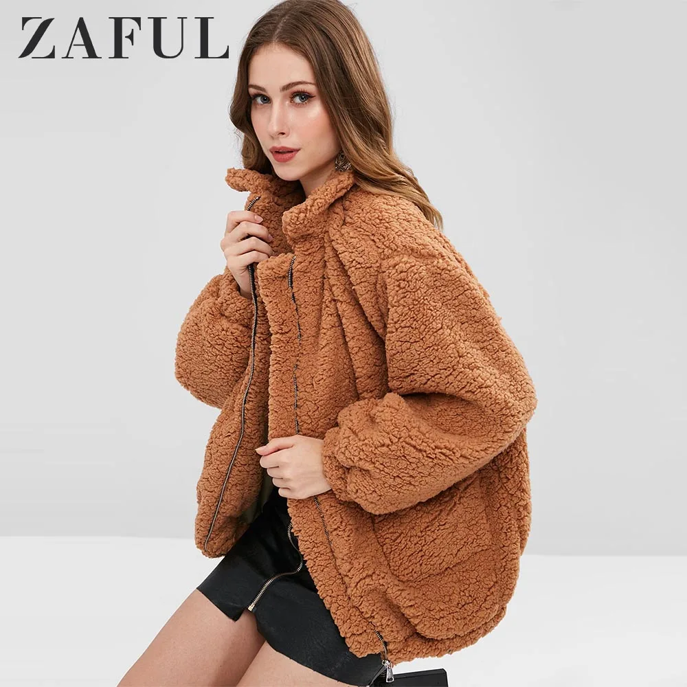 Koop Zaful Slip Zakken Faux Fur Teddy Jas Vrouwen Pluizige Brede Taille Winter Uitloper Warme Overjas Vrouwelijke Tuniek Sherpa Vlakte jas