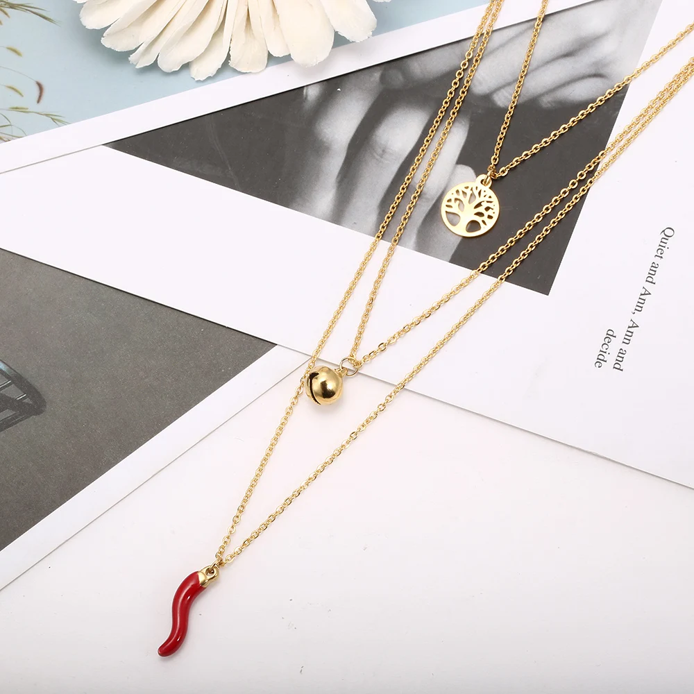 Women's Personality Choker Necklace 3 Layered Chain with Tree of Life Bell Papper Pendant Bohemian Jewelry Party Gift New