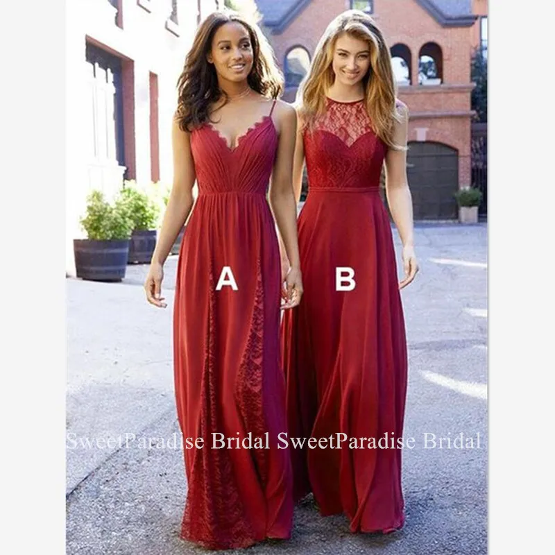 

Bohemia Lace Red Bridesmaid Dresses For Women Vestido Madrinha A Line Flowing Long Maid Of Honor Wedding Guest Dress