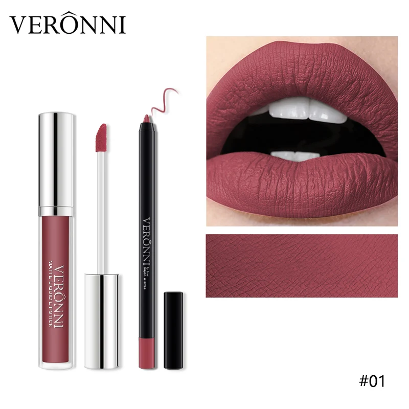 VERONNI Matte Lipgloss Sexy Liquid Lip Gloss with Lipliner Long Lasting Waterproof Cosmetic Beauty Keep 24 Hours Makeup lipgloss