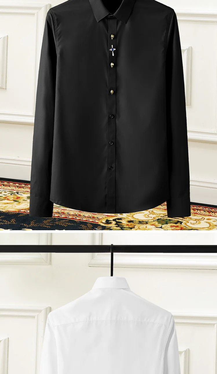 Брендовые деловые рубашки мужские платья с длинными рукавами однотонные тонкие мужские парадные рубашки черная белая мужская футболка крест кнопка в виде черепа
