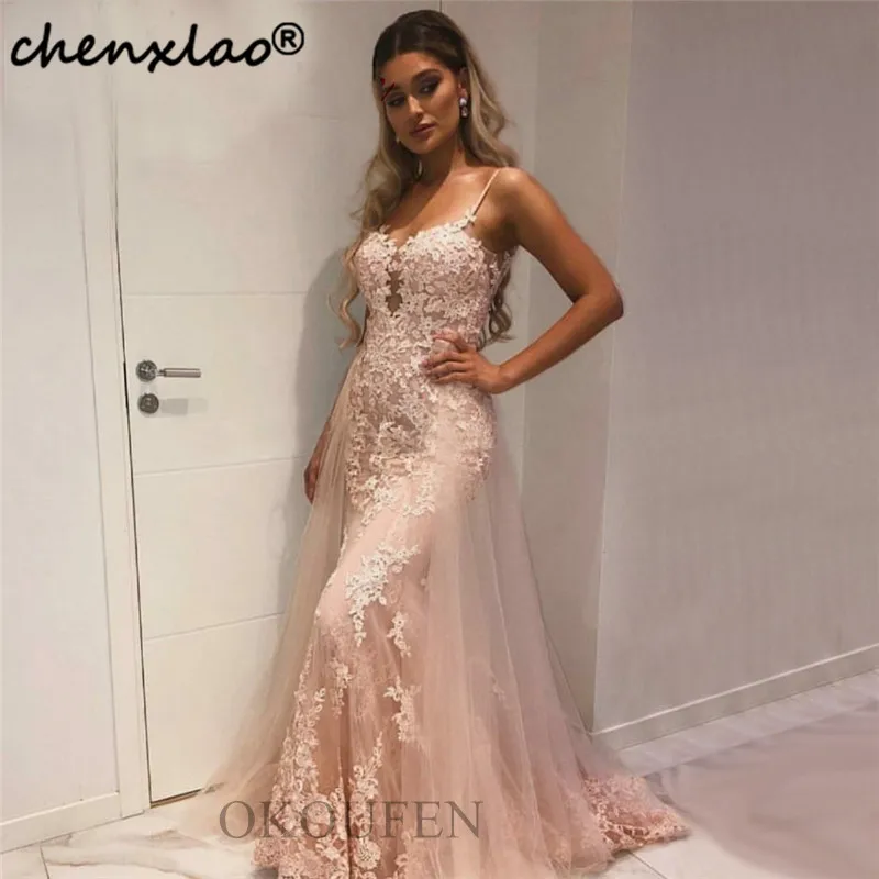 Afneembare Rok Mermaid Lange Prom Dresses Fashion Spaghetti Sheer Kant Applicaties Vrouwen Avondjurk Jurk Afneembare Rok Mermaid Lange Prom Dresses Fashion Spaghetti Sheer Kant Applicaties Vrouwen Avondjurk Jurk