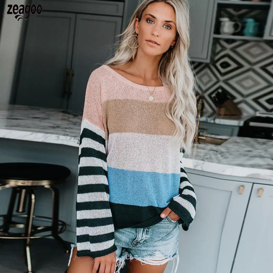 

Women Fashion Casual Round Neck Long Sleeve Striped Patchwork Multicolor Spring, Winter, Autumn Sweater Causal