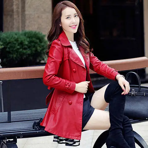 ジャケット・アウター LEATHER LONG coat High-end Long Handsome Leather Jacket Women's Spring Autumn