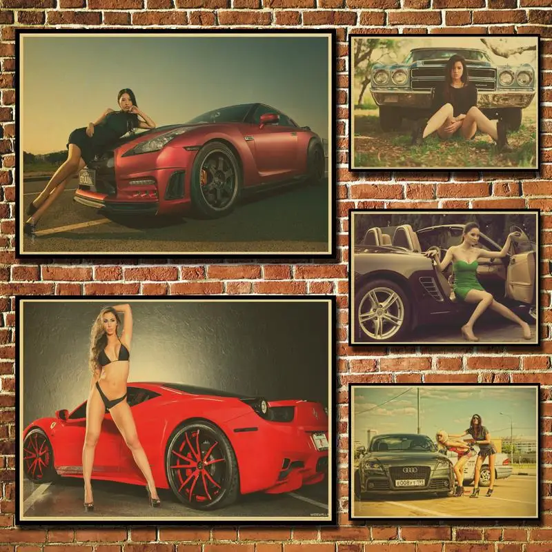 Car Models Ladies Pin Up Girl Pop Art Propaganda Retro Vintage Kraft Poster Decorative DIY Wall Sticker Home Bar Posters Decor