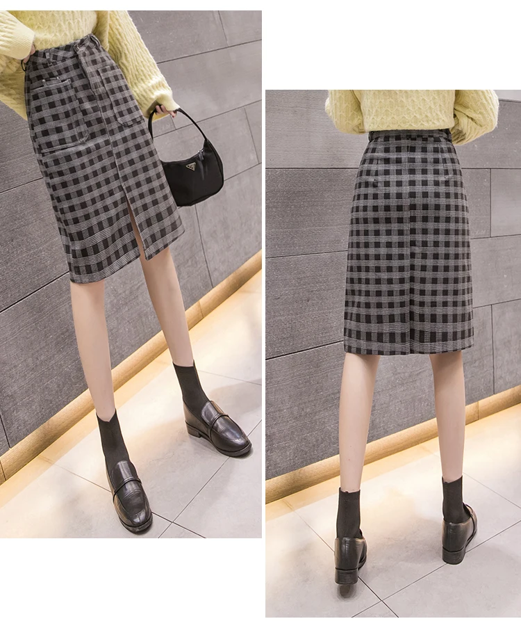 Faldas Mujer Moda клетчатая юбка с карманами, Зимняя юбка-карандаш с высокой талией, женская элегантная одежда средней длины, Jupe Femme