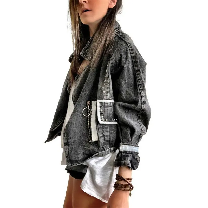 Женская джинсовая куртка на молнии черная Свободная парка с карманами и бусинами