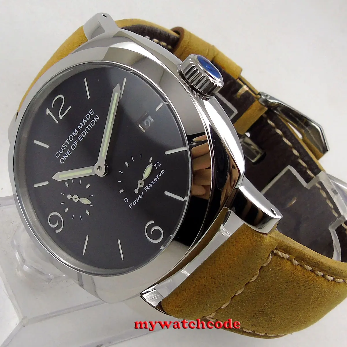 

44mm Parnis factory black sandwich dial date window power reserve 2530 Mechanical Automatic Mens Watch watch Leather