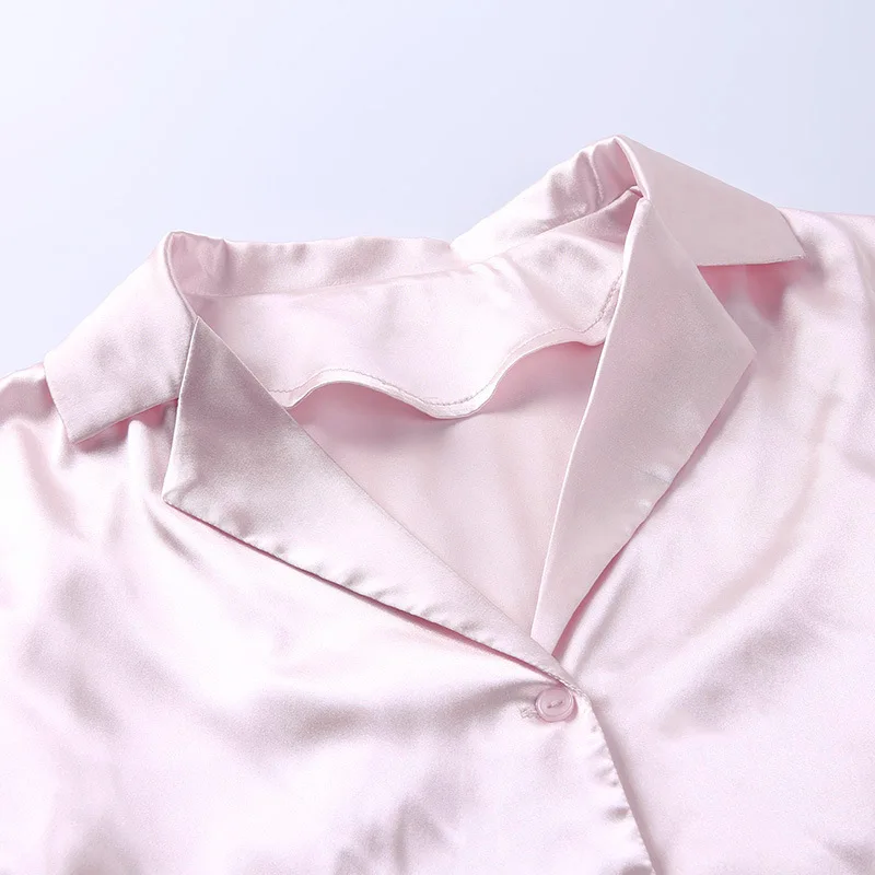 Ladies Work Wear Turn Down Collar Pink Female Satin Silk Pink Shirts Blouse Women Tops Blusas Femininas Elegant Short Sleeve Top