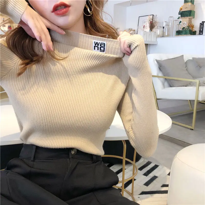 

2020 Half Turtleneck Pullovers Solid Appliques 2020 Autumn Winter All Match Women Sweaters Slim New Pull Femme Fashion G1847