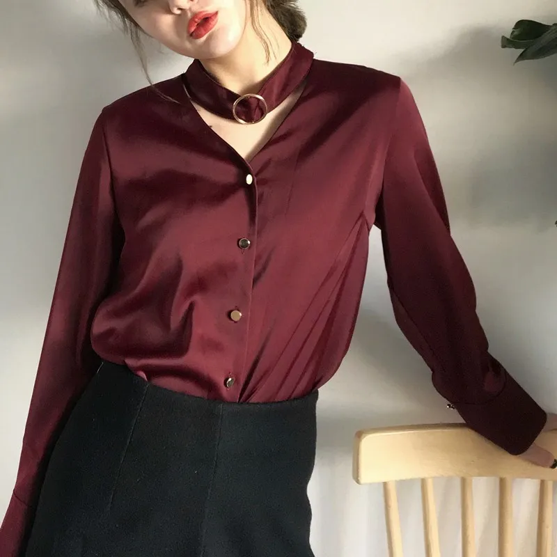 

COIGARSAM Vintage Full Sleeve Shirt Womens tops New Spring Chiffon Solid Straight V-Neck Women shirts White Wine Red 9025