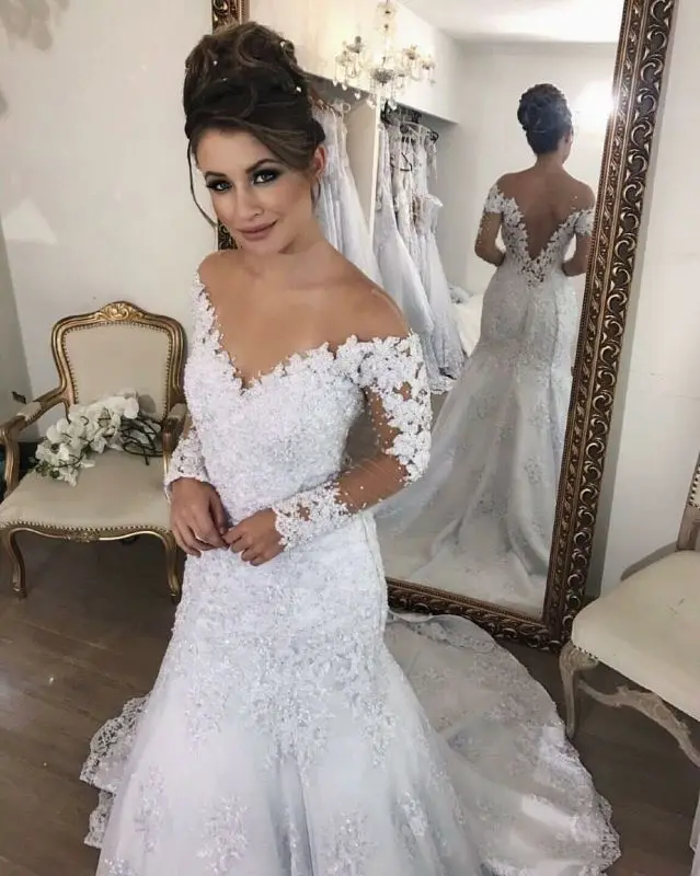 Настоящее Vestido de noiva сексуальное платье с высокой горловиной кружевное платье с аппликацией Casamento