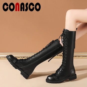 

CONASCO Autumn Winter Fashion Knee-High Boots For Women Low Heels Shoes Woman Cross-Tied Rivet Genuine Leather Zipper Long Boots