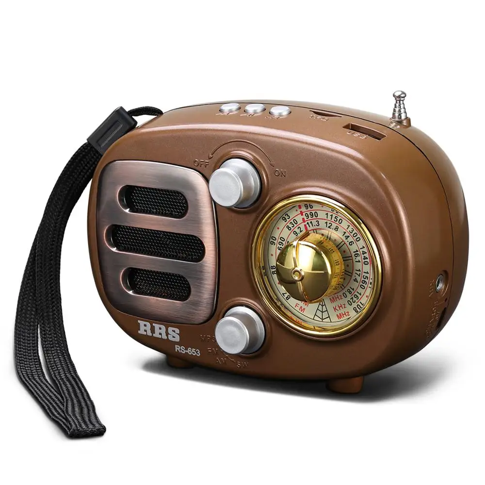 PRUNUS Ретро Радио Bluetooth динамик портативный AM FM коротковолновой радио с перезаряжаемой батареей Поддержка USB MP3 плеер и TF карта - Цвет: Golden