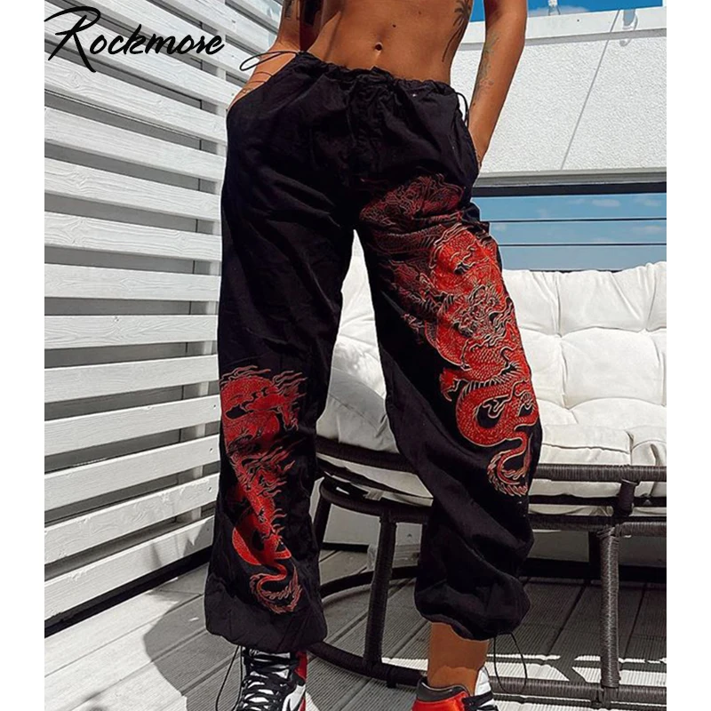 Rockmore Double Dragon Printed Wide Leg Pants Trausers Women Plus Size Pockets Drawstring High Waisted Joggers Casual StreetWear Rockmore Double Dragon Printed Wide Leg Pants Trausers Women Plus Size Pockets Drawstring High Waisted Joggers Casual StreetWear