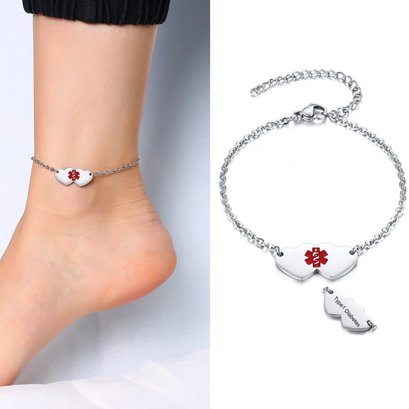 Cutsom Type 1 Diabetic Anklet Medical Alert Foot Bracelet Personalized